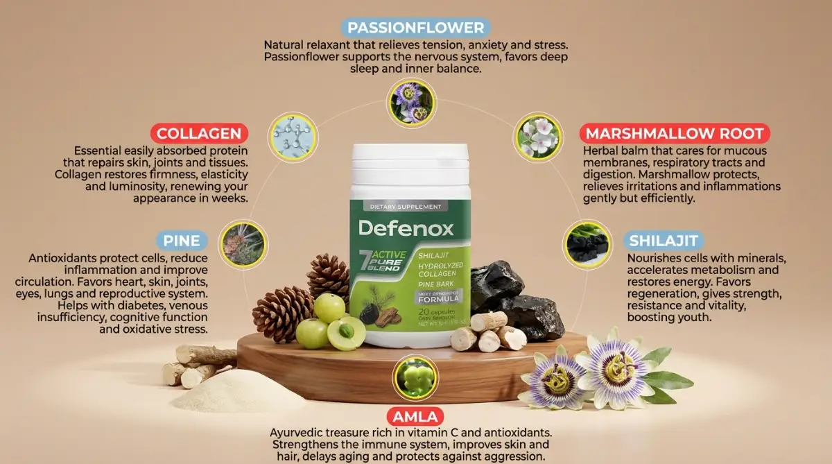 A high-quality image of Defenox capsules alongside fresh natural botanicals, representing a safe, organic, and fast-acting treatment for women suffering from chronic cystitis and urinary tract infections.