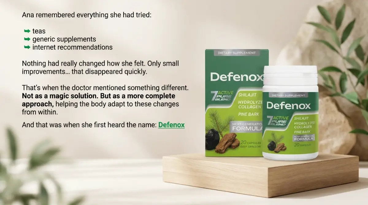 A high-quality professional shot of a bottle of Defenox menopause support capsules alongside natural green herbs and pine bark, illustrating a safe, plant-based way to balance hormones.