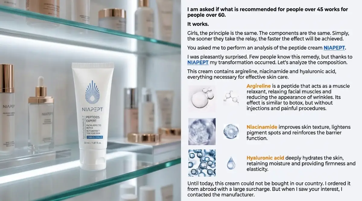 A high-quality professional shot of a bottle of NIAPEPT anti-aging cream placed next to pure hyaluronic acid drops and natural botanicals, demonstrating a safe, needle-free way to restore skin firmness.